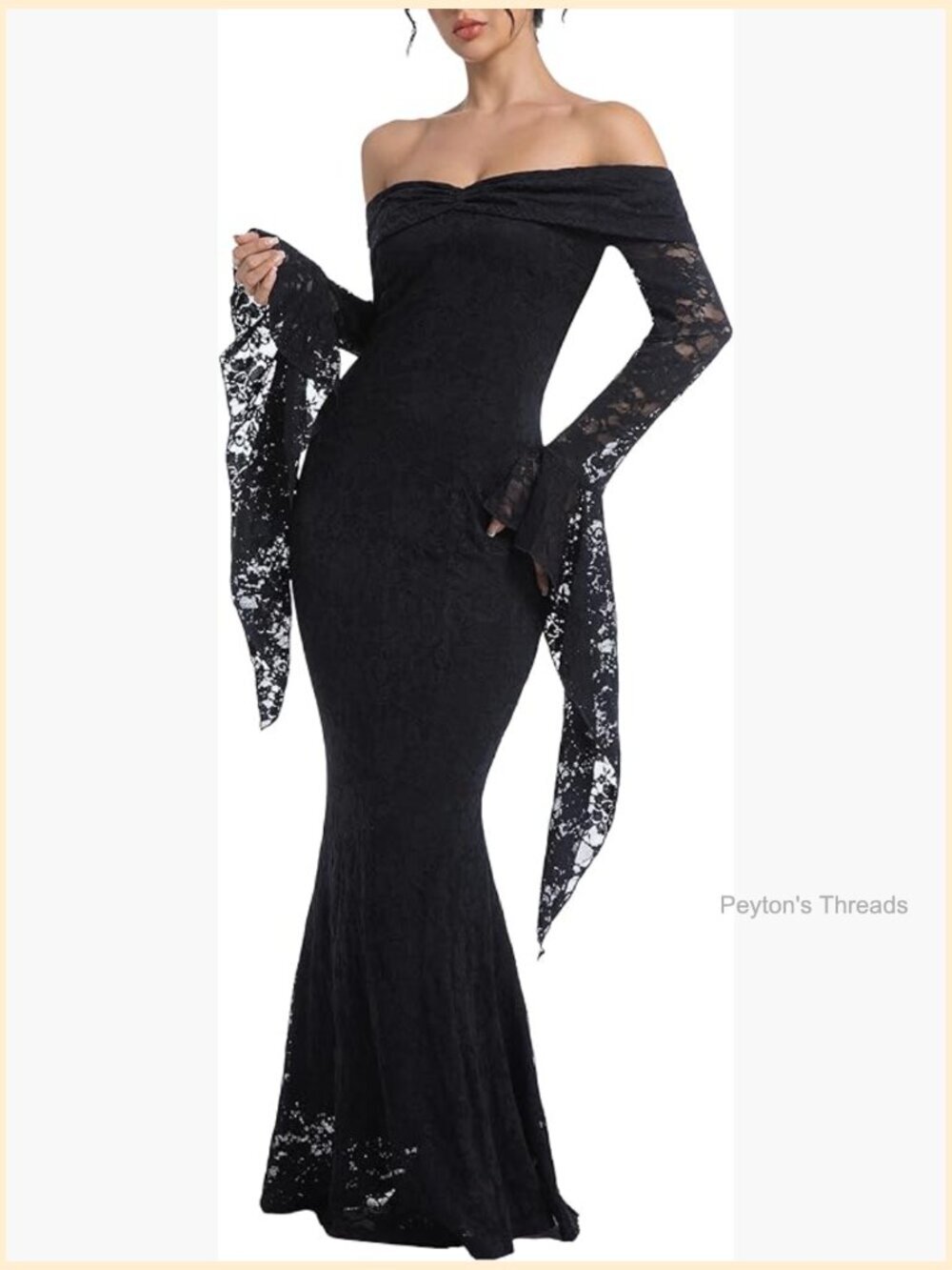 Off Shoulder Floral Lace Mermaid Maxi Wedding Guest Dress Long Bell Sleeve Gown